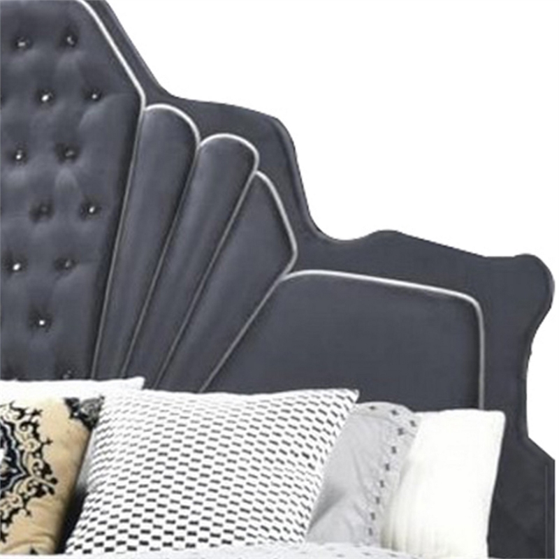 Benjara Velvet Upholstered Channel Tufted Queen Bed- Gray