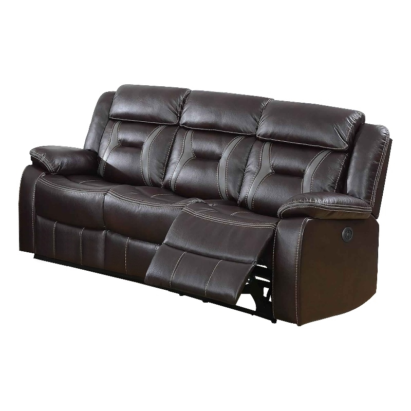 Benjara Leatherette Power Motion Sofa with Contrast Stitching- Dark Brown