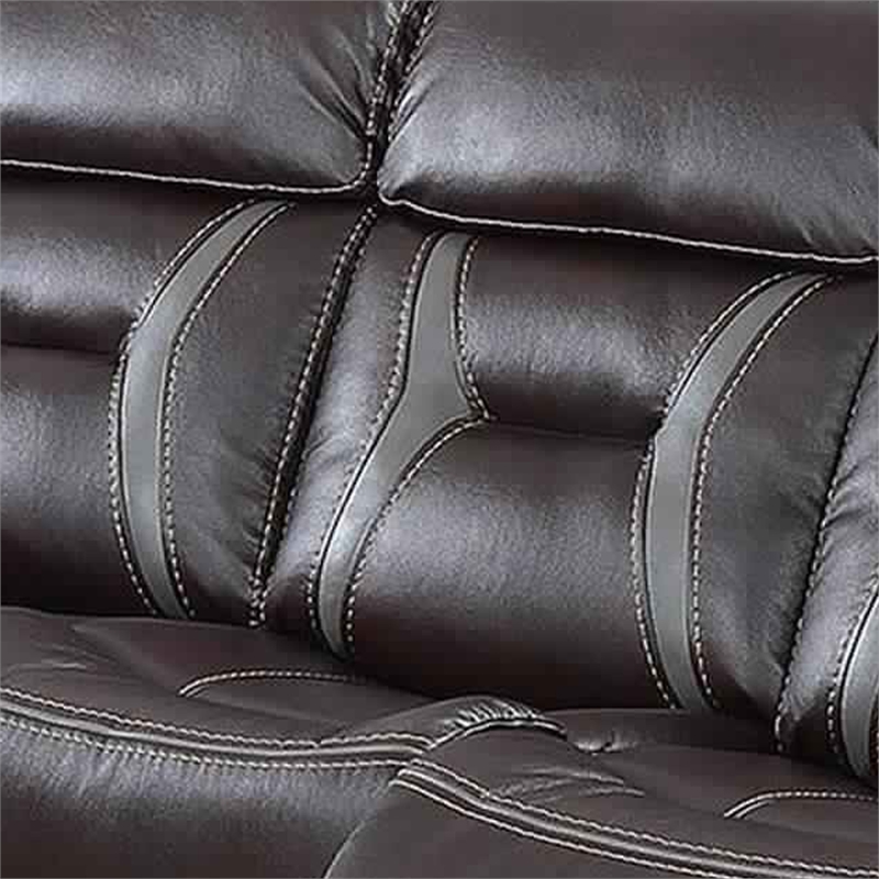 Benjara Leatherette Power Motion Sofa with Contrast Stitching- Dark Brown