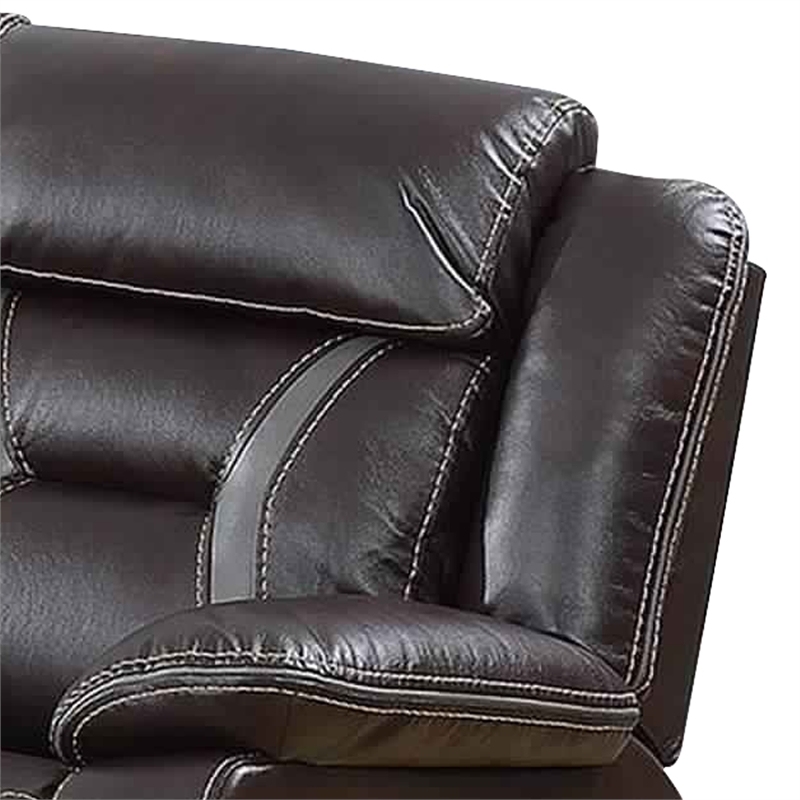 Benjara Leatherette Power Motion Sofa with Contrast Stitching- Dark Brown