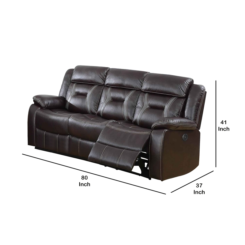 Benjara Leatherette Power Motion Sofa with Contrast Stitching- Dark Brown