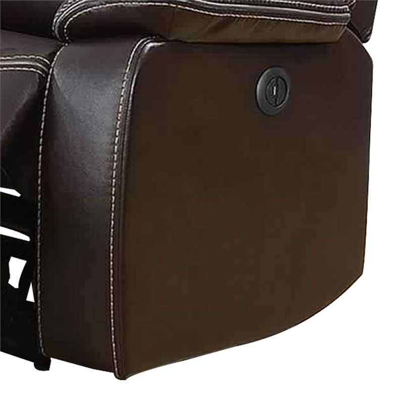 Benjara Leatherette Power Motion Sofa with Contrast Stitching- Dark Brown
