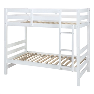 Benjara Wooden Twin Over Twin Bunk Bed with Attached Ladder- White
