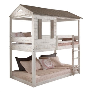Benjara Wooden Twin Bunk Bed with House Design- White and Brown