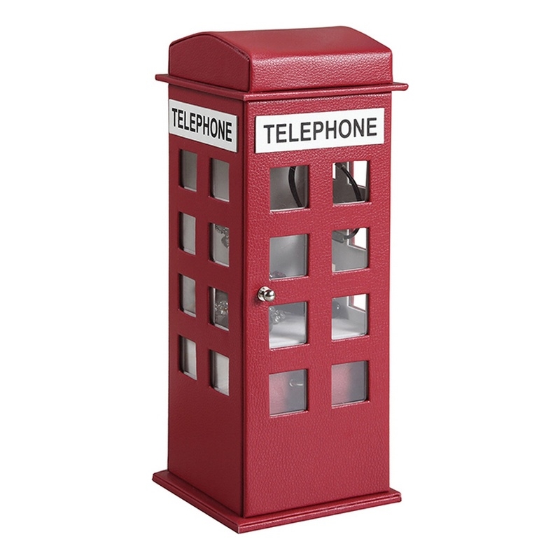 Benjara Telephone Booth Jewelry Box with 2 Drawers- Burgundy Red