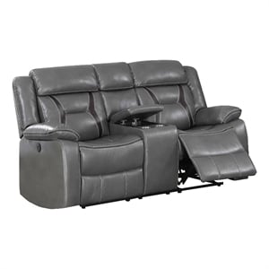 Benjara Contrast Stitched Leatherette Power Motion Loveseat with Console- Gray