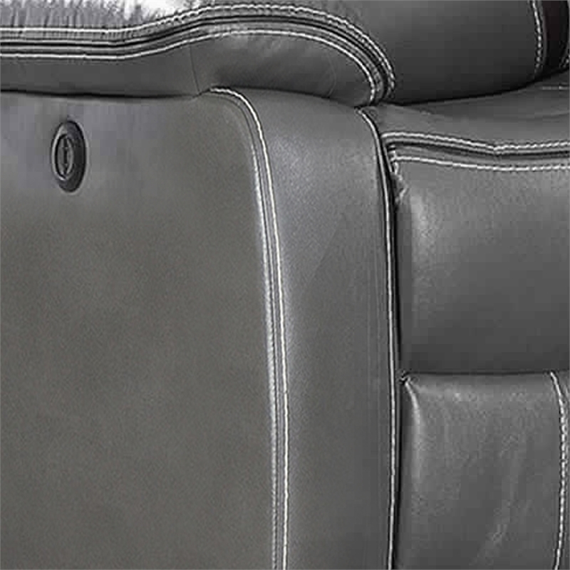 Benjara Contrast Stitched Leatherette Power Motion Loveseat with Console- Gray