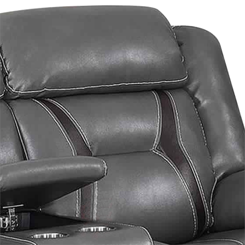 Benjara Contrast Stitched Leatherette Power Motion Loveseat with Console- Gray