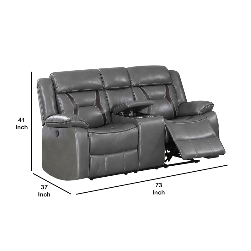 Benjara Contrast Stitched Leatherette Power Motion Loveseat with Console- Gray