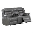 Benjara Contrast Stitched Leatherette Power Motion Loveseat with Console- Gray