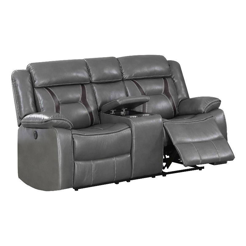 Benjara Contrast Stitched Leatherette Power Motion Loveseat with Console- Gray