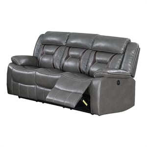 Benjara Leatherette Power Motion Sofa with Contrast Stitching- Gray