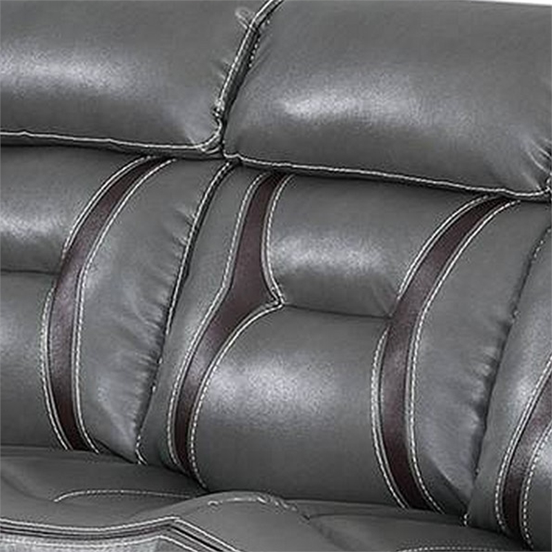 Benjara Leatherette Power Motion Sofa with Contrast Stitching- Gray