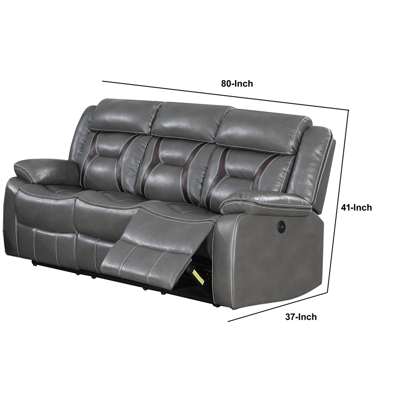 Benjara Leatherette Power Motion Sofa with Contrast Stitching- Gray