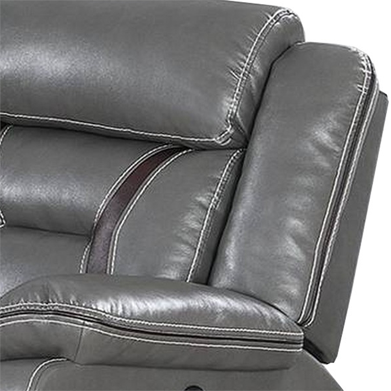 Benjara Leatherette Power Motion Sofa with Contrast Stitching- Gray