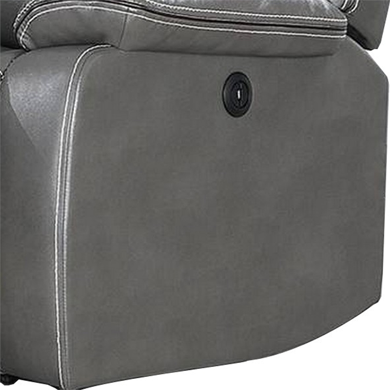 Benjara Leatherette Power Motion Sofa with Contrast Stitching- Gray