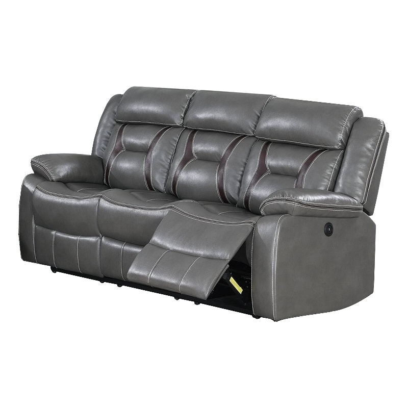 Benjara Leatherette Power Motion Sofa with Contrast Stitching- Gray
