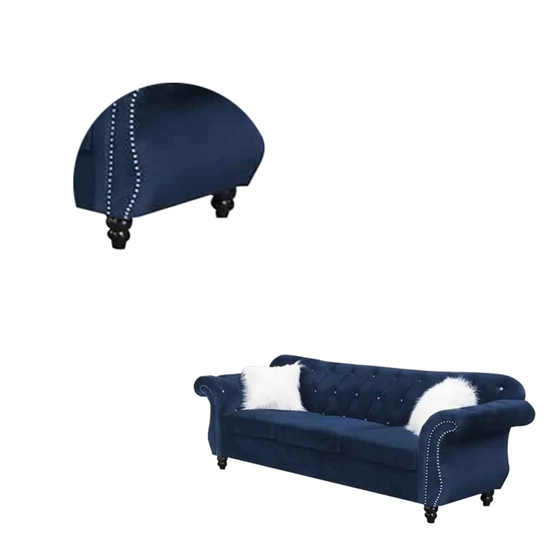 Benjara 93 Inches Nailhead Trim Velvet Sofa with Crystal Tufting- Blue