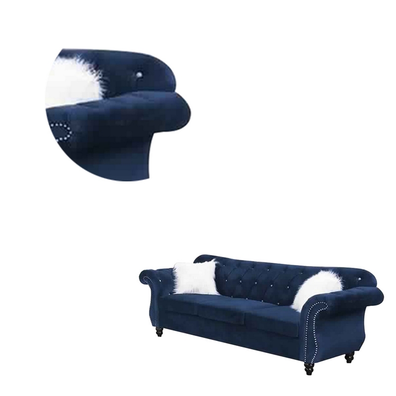 Benjara 93 Inches Nailhead Trim Velvet Sofa with Crystal Tufting- Blue