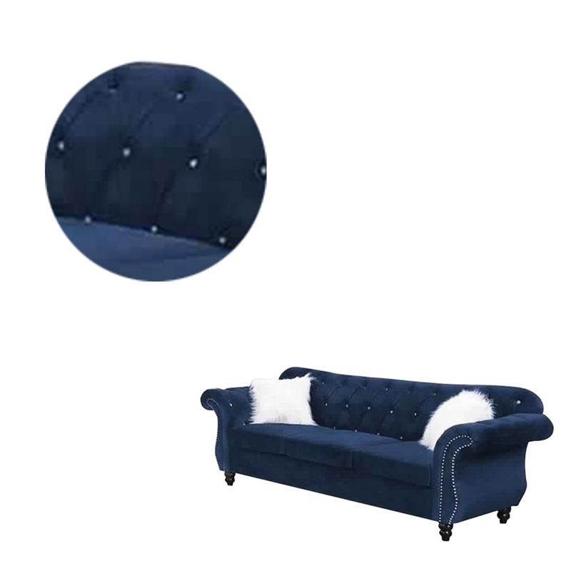 Benjara 93 Inches Nailhead Trim Velvet Sofa with Crystal Tufting- Blue