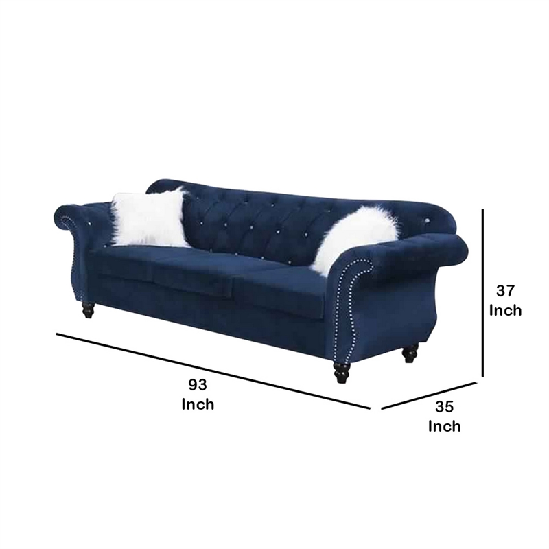 Benjara 93 Inches Nailhead Trim Velvet Sofa with Crystal Tufting- Blue