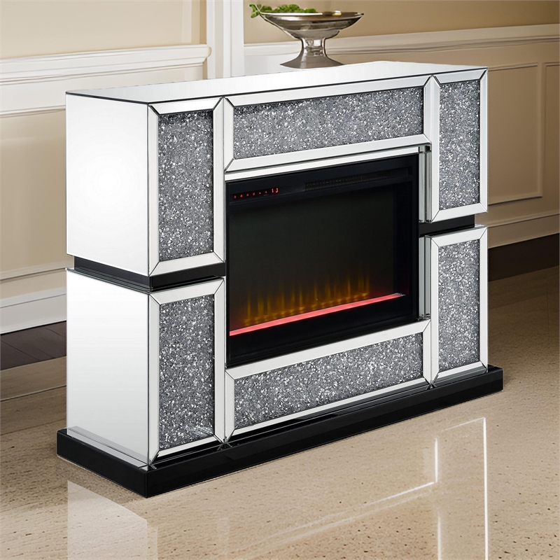Benjara Electric Fireplace w/ Mirror Panel Framing & Faux Crystals Inlay-Silver