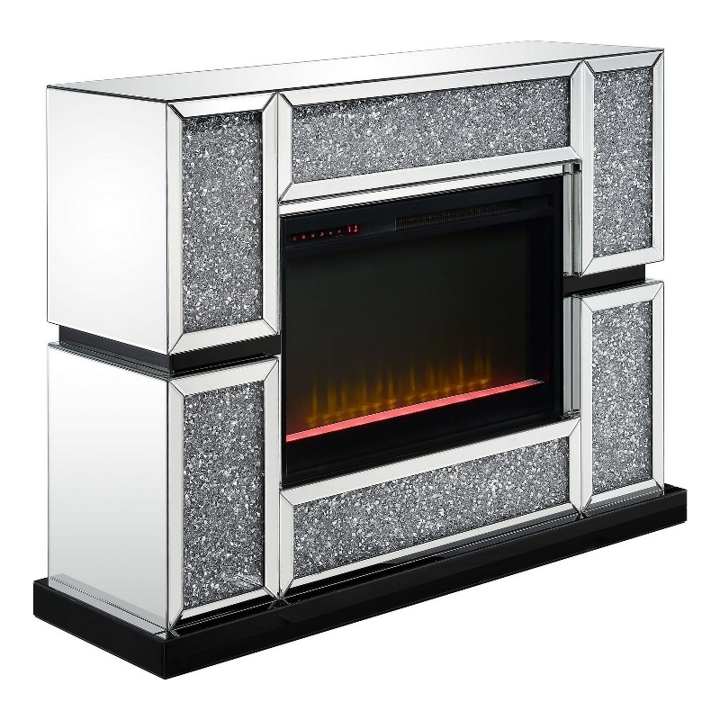 Benjara Electric Fireplace w/ Mirror Panel Framing & Faux Crystals Inlay-Silver