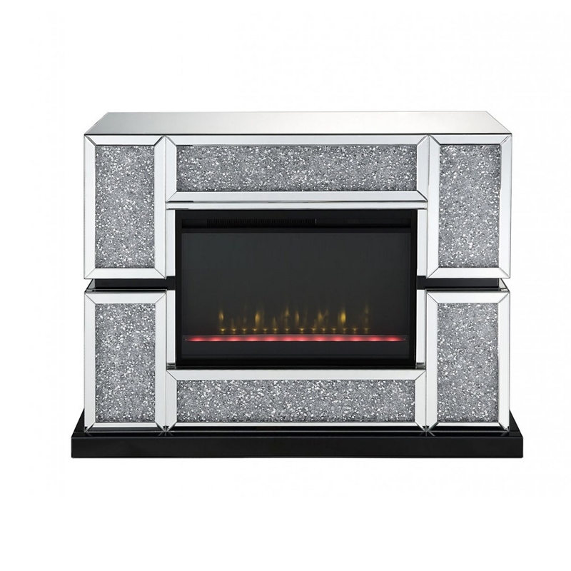 Benjara Electric Fireplace w/ Mirror Panel Framing & Faux Crystals Inlay-Silver