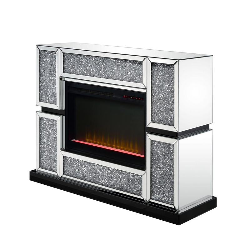 Benjara Electric Fireplace w/ Mirror Panel Framing & Faux Crystals Inlay-Silver