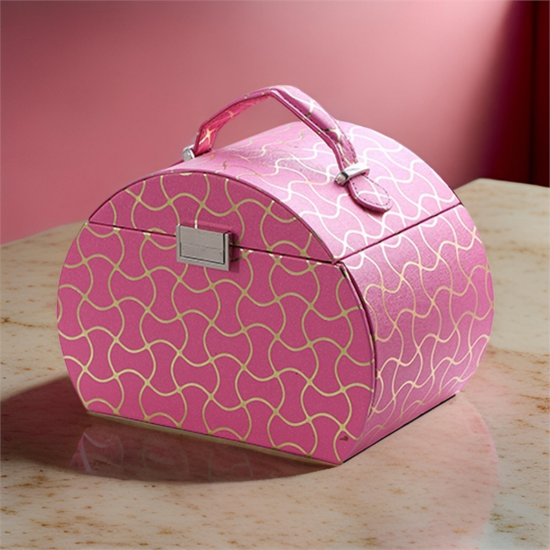Benjara Travel Jewelry Case with 2 Drawer Storage & Wavy Textured Pattern- Pink