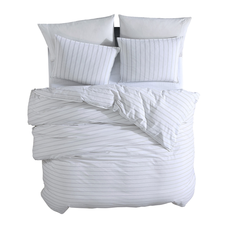 Benjara 3 Piece Queen Comforter Set with Pinstripe Pattern- White and Black