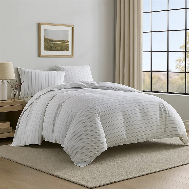 Benjara 3 Piece Queen Comforter Set with Pinstripe Pattern- White and Black