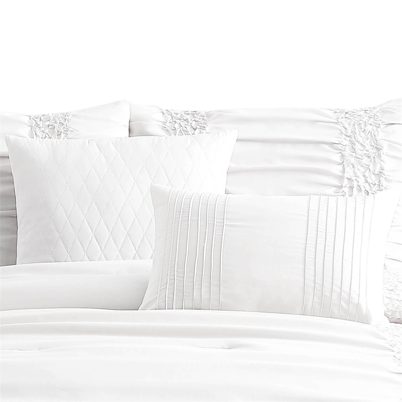 Benjara 4 Piece Twin Comforter Set with Ruching Details- White