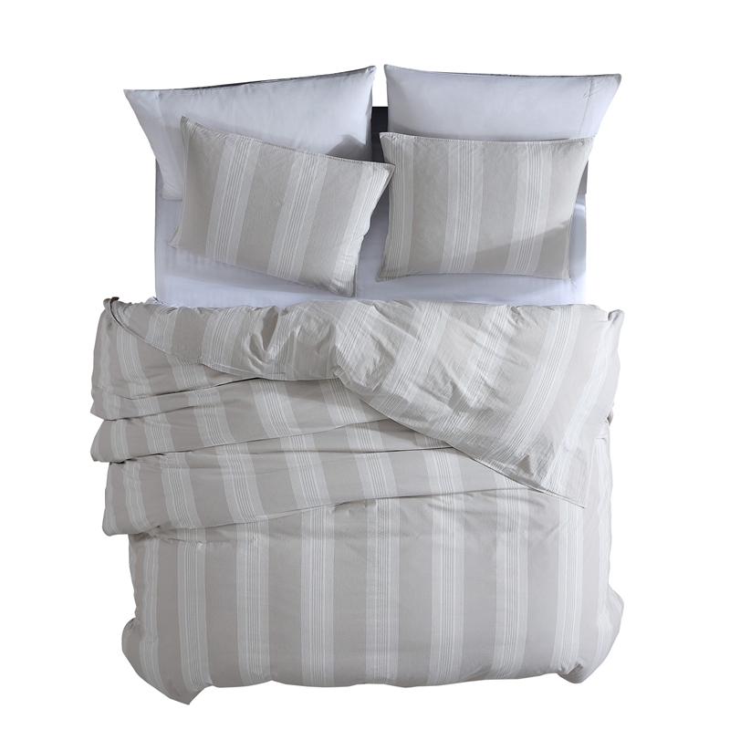 Benjara 3 Piece King Comforter Set with Vertical Stripes Pattern- White & Brown