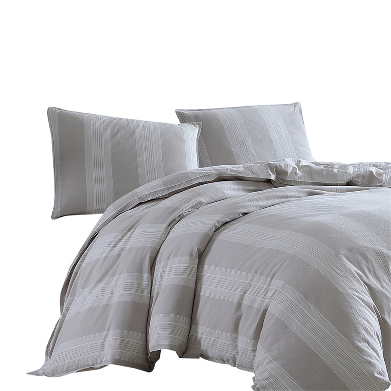 Benjara 3 Piece King Comforter Set with Vertical Stripes Pattern- White & Brown