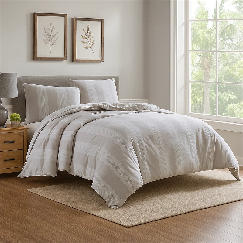 Benjara 3 Piece King Comforter Set with Vertical Stripes Pattern- White & Brown