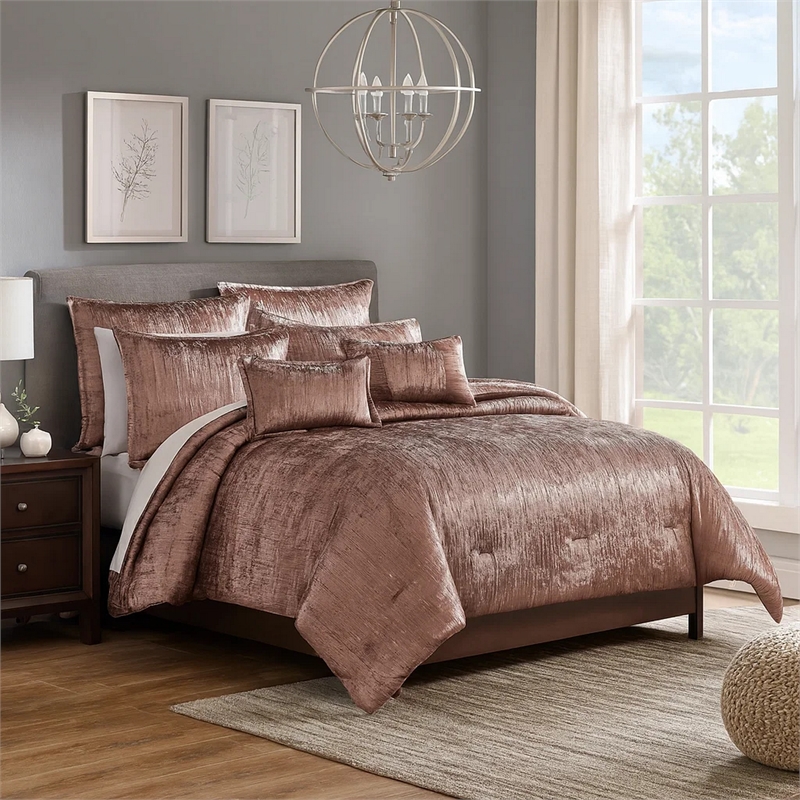 Benjara 7 Piece Queen Comforter Set with Shimmering Appeal- Pink