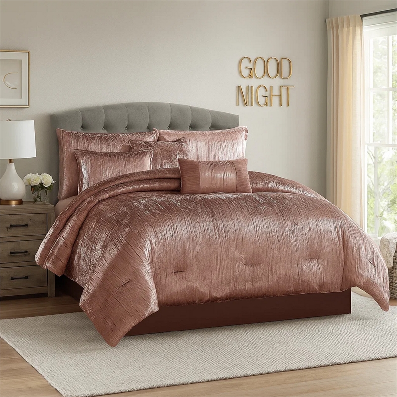 Benjara 7 Piece Queen Comforter Set with Shimmering Appeal- Pink