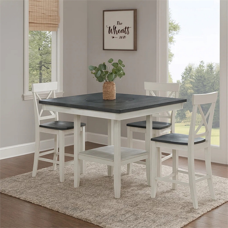 Benjara Counter Height Table with Wooden Open Shelf- White and Gray