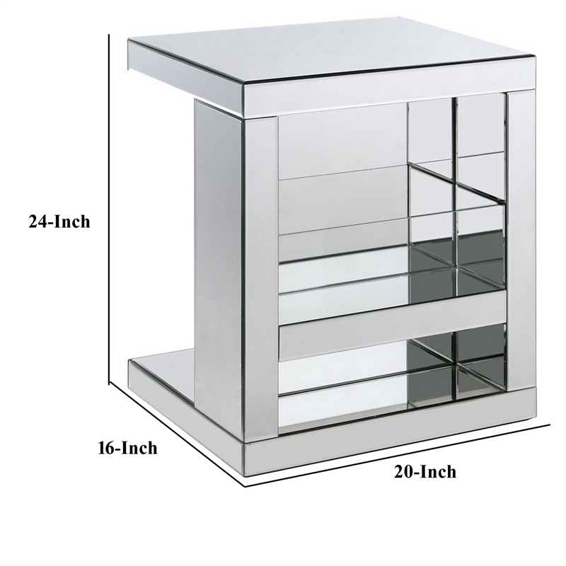 Benjara Accent Table with Mirrored Panels and C Shape- Silver