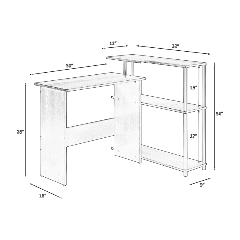 Benjara Writing Desk with L Shaped Design and 3 Tier Wooden Shelves- Black