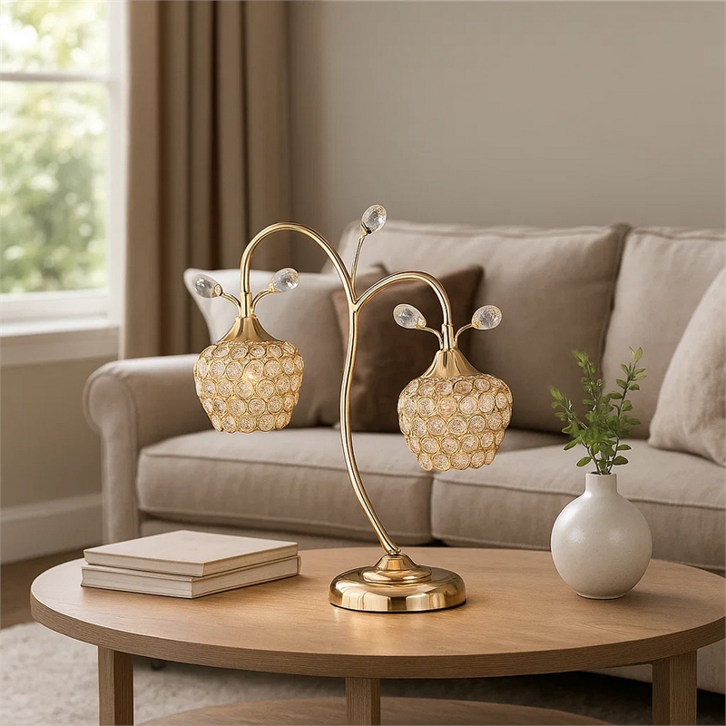 Benjara Floral Tree Design Metal Table Lamp with Dome Shade and Crystals- Gold