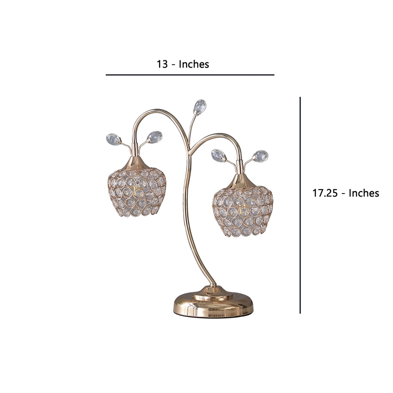 Benjara Floral Tree Design Metal Table Lamp with Dome Shade and Crystals- Gold