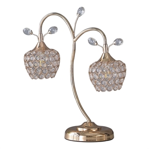 Benjara Floral Tree Design Metal Table Lamp with Dome Shade and Crystals- Gold