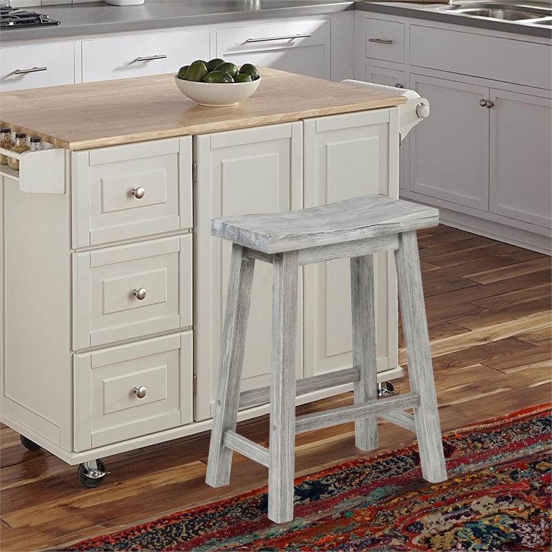Benjara Saddle Design Wooden Counter Stool with Grain Details- Gray