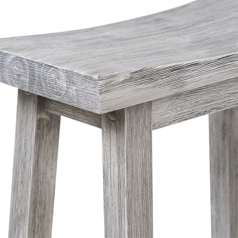 Benjara Saddle Design Wooden Counter Stool with Grain Details- Gray