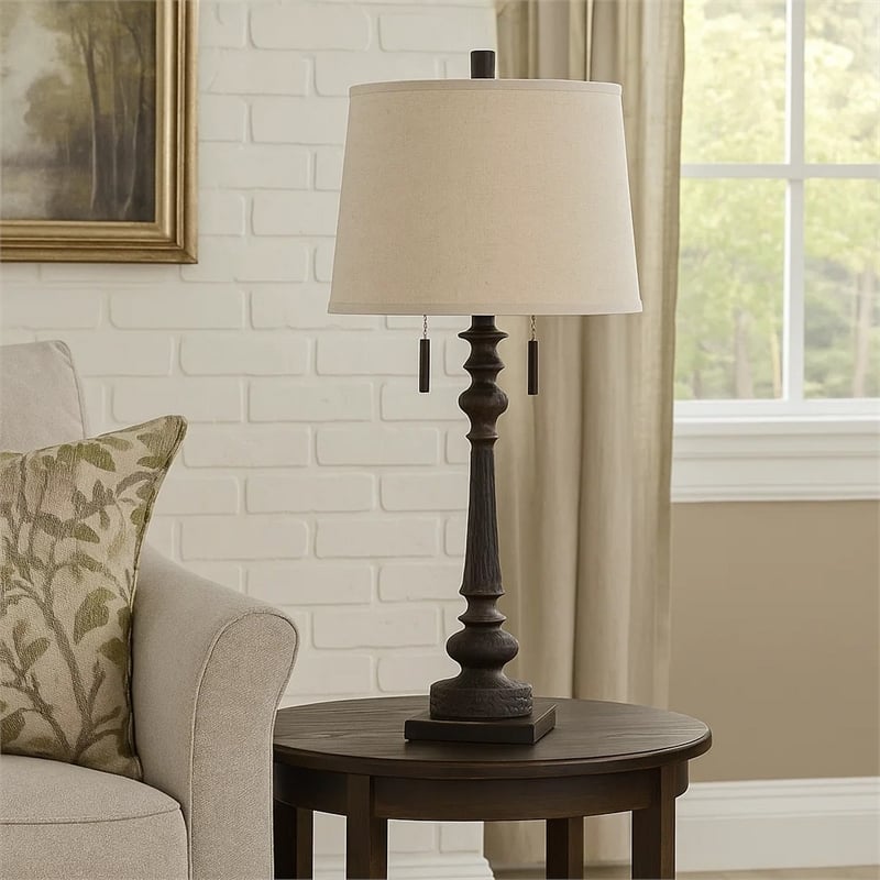 Benjara Table Lamp with Tubular Turned Resin Support and Pull Chain- Dark Bronze