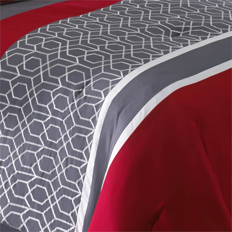 Benjara 8 Piece King Comforter Set with Printed Trellis Pattern- Red