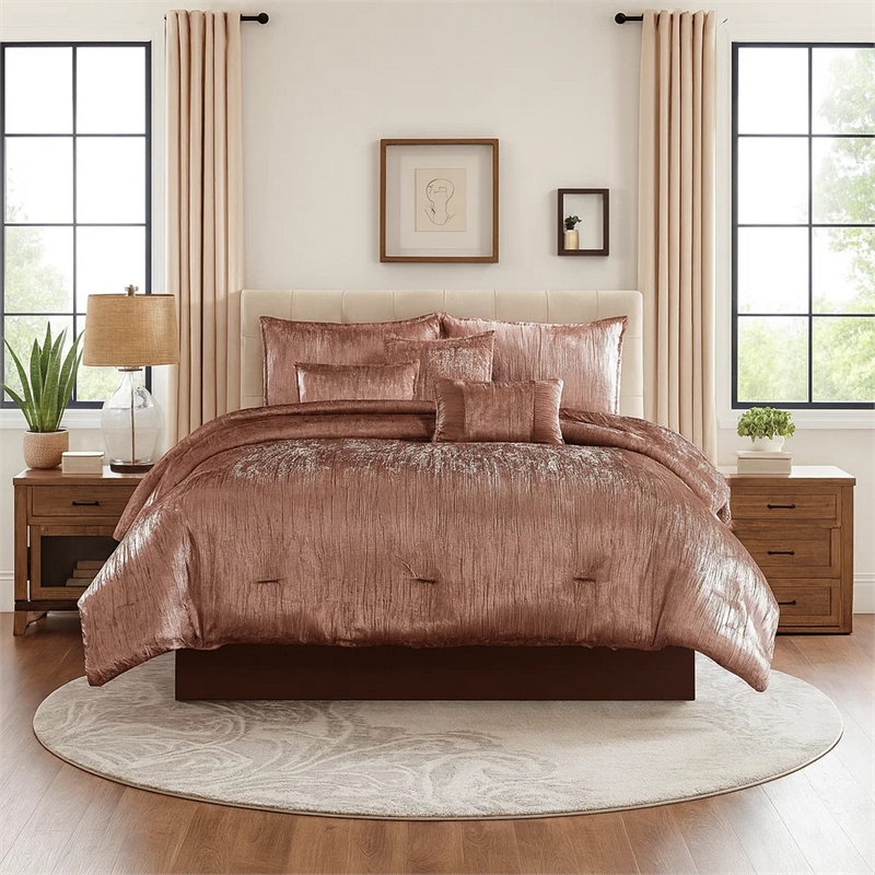 Benjara 7 Piece King Comforter Set with Shimmering Appeal- Pink