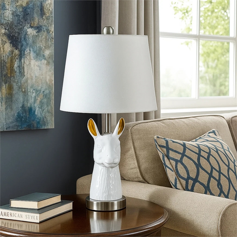 Benjara Metal Table Lamp with Llama Animal Head- White